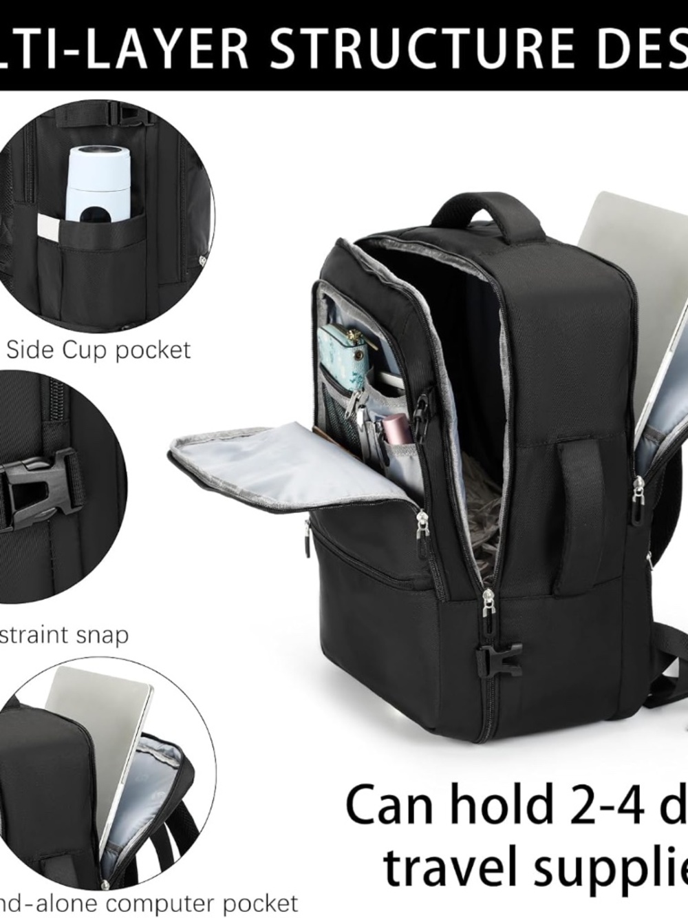 Backpack for Travel, School, Work- Black - Picture 3 of 6